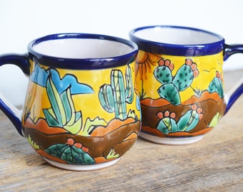 Vintage Talavera Coffee Mugs, Hand-Painted Mexican Pottery