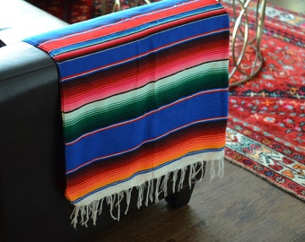Vintage Mexican Serape blanket, 76" x 45" Large Multi Colored Baja Boho Beach Blanket with Diamond Center, Authentic Saltillo made in Mexico