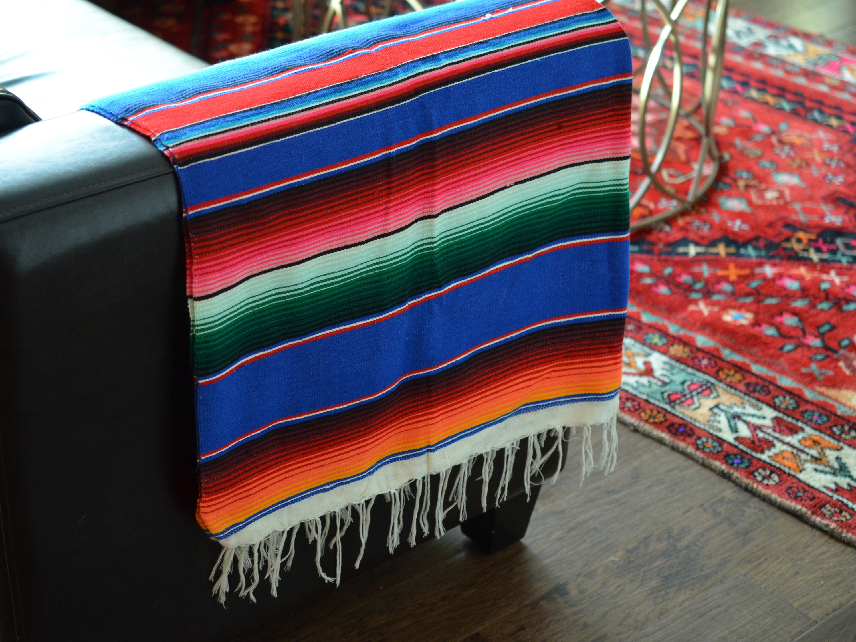 Vintage Mexican Serape Blanket 76 X 45 Large Multi Colored Baja Boho Beach Blanket With Diamond Center Authentic Saltillo Made in Mexico Etsy