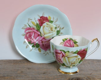 Vintage Queen Anne 'Lady Sylvia' Roses on Pale Blue Bone China teacup with saucer, Fine Bone China England