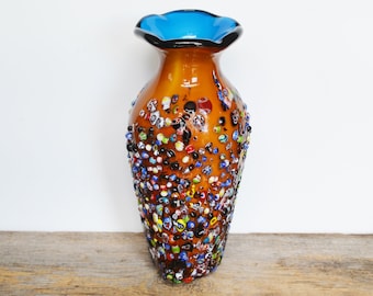 Vintage Millefiori vase, abstract 'confetti' cane application, 13.75" tall, Italian art glass circa 1980s, Artisan Glass