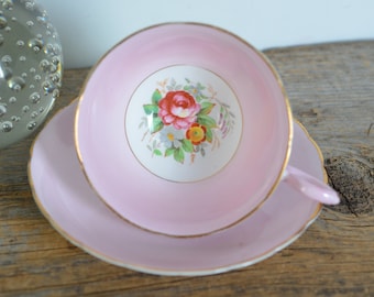 Taza de té vintage de porcelana toscana con diseño floral rosa, fabricada en Inglaterra