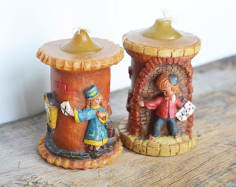 Vintage Pair German Gunter Kerzen Candles, Carved Wax, Schwarzwald Imagery, made in Germany circa 1960s