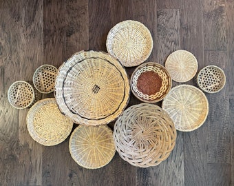 Vintage Wall Basket Gallery, Binga wall Baskets, set of 11 Woven Straw Boho Wall Decor, Tonga Basket Decor