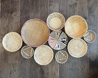 Vintage Binga Basket Gallery, Wicker Rattan wall Baskets, set of 10 Woven Straw Boho Wall Decor, Tonga Basket Decor