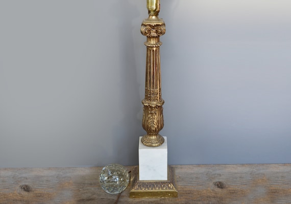 Vintage Brass Lamp on White Marble Base, Made in Italy Circa 1960s