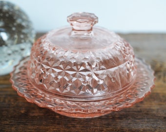 Vintage Pink Glass Butter Dish, Jeannette Holiday Pink Pattern, Buttons and Bows, Depression Glass circa 1940s