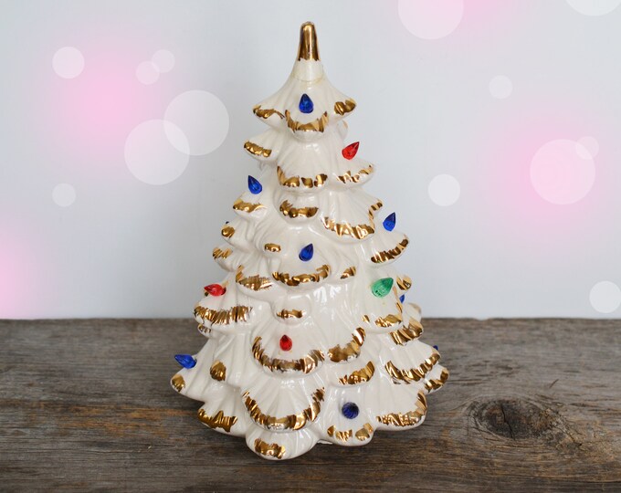 Vintage Ceramic Christmas Tree White With Gold Tipped Etsy