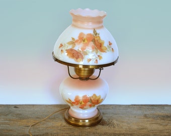 Vintage Floral Hurricane Lamp circa 1960s, Gone With the Wind lamp, milk glass shade and body