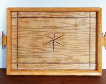 Vintage Inlaid Wooden Tray circa 1970s, handled tray with 6-point star detail, completely hand-made oak tray