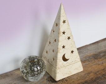 Vintage Celestial Pyramid Candle Holder, Moon and Stars, Celestial Decor, Whimsical Candle Holder, Pagan Decor, Druid