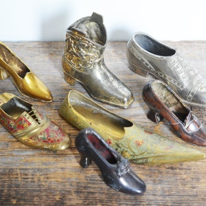 Vintage small metal shoe ashtrays, eclectic collection of unique shoes, brass copper and silver, tobacciana, shoe ashtray