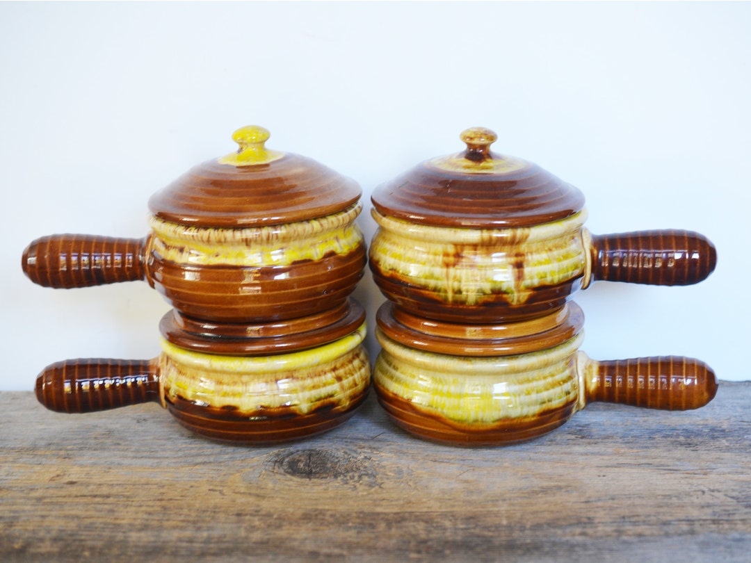Vintage French Onion Soup Bowls, Studio Pottery Set of 4 Made in 1979
