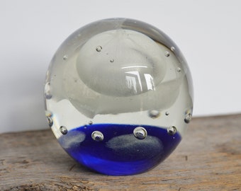 Vintage Glass Jellyfish Paperweight, 3.75" across solid glass with blue base circa 1980s, Nautical or Beach Decor, Art Glass