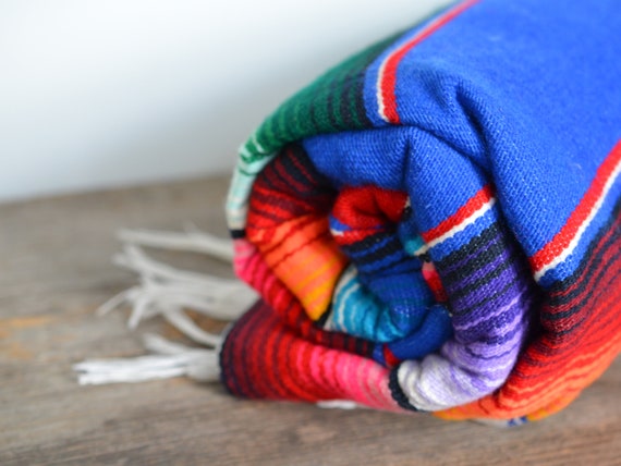 Vintage Mexican Serape Blanket, Large Multi Colored Baja Blanket