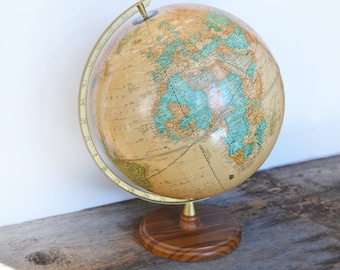 Vintage Sepia World Globe circa 1980s, Cram's 12" with wooden base and brass axis, homeschooling globe