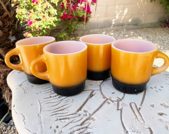 Vintage Fire King stackable set of 4 Mugs; Caramel orange to black ombré on white Milk Glass, circa 1950’s, vintage kitchen