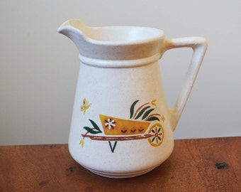 Vintage Monmouth Pottery Pitcher, white ironstone and unique angular handle - mid century stoneware