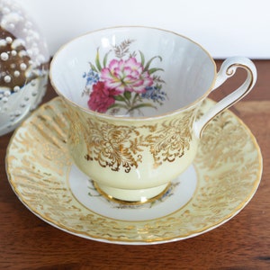 Vintage Yellow Paragon Teacup Bone China Teacup - English Cabinet Duo, featuring gold filigree and florals