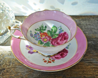 Vintage Pink Paragon Teacup and saucer, Floral Bouquet with solid pink trim, wide mouth shape made in England