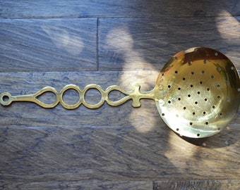 Vintage Extra Large Brass Kitchen Slotted Spoon, Wall Hanging, 21.5" long, Rustic Farmhouse Kitchen circa 1970s