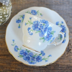 Vintage Colclough teacup and Saucer, Blue Dianthus, made in England, circa 1960s, sweet blue flowers, fine bone china teacup