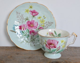 Vintage Aynsley Pale Blue Tea cup and Saucer - cabinet duo, Bone China England - Floral Bouquet and Gold Trim