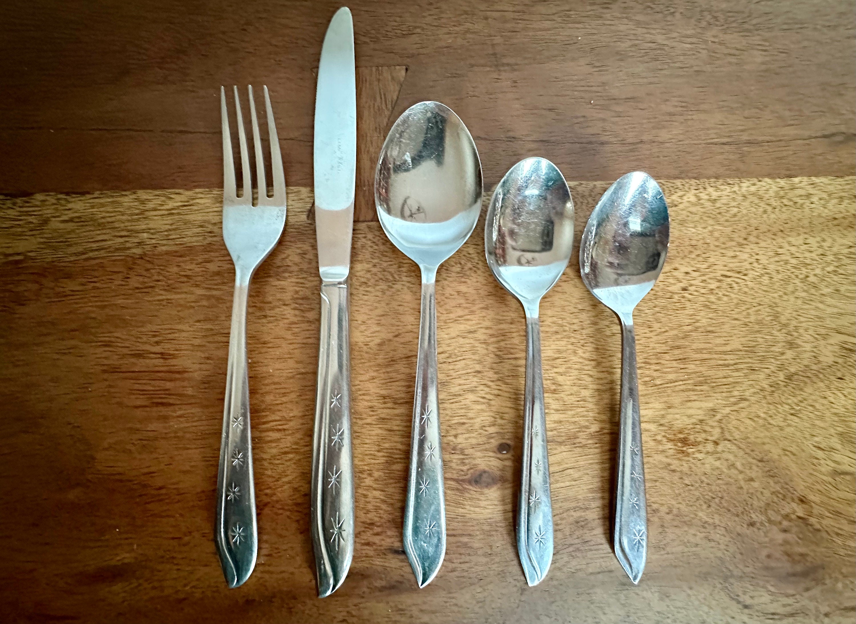 Vintage Silver Starburst Flatware, Made in Korea Circa 1950s, Stainless Steel Cutlery, Multiple Pieces Available, Mid Century Cutlery - Etsy Vintage Silver Starburst Flatware, Made in Korea Circa 1950s, Stainless Steel Cutlery, Multiple Pieces Available, Mid Century Cutlery - Etsy