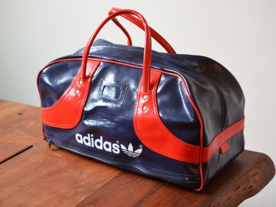 Vintage Adidas Duffle Bag, Navy Blue and Red Accents Leather Circa