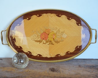 Vintage Italian Inlaid Wooden Tray circa 1970s, brass reticulated edges with handles, incredible detail, Italian artisan marquetry