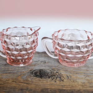 Vintage Cube Pink Jeanette Cream and Sugar Set, circa 1929-1933, Depression Glass, Coffee or Tea Serving Pieces