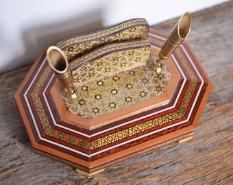 Vintage Moroccan Pen Holder with Marquetry details, Lacquered wood with double brass pen holders, office accessories, home office