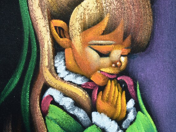Vintage Black Velvet Praying Children Paintings, Framed Mexican