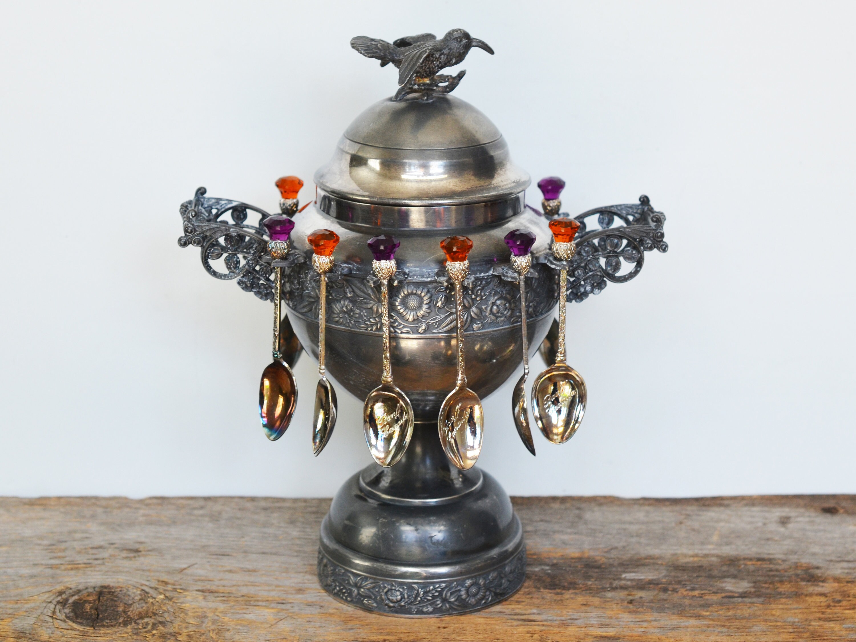 Antique Spooner With Figural Hummingbird and Spoons Quadruple Etsy