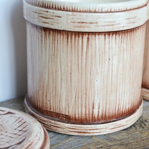 Vintage Kitchen Canisters set of 3 circa 1970s, Ceramic featuring faux wood design, Treasure Craft circa 1962 California USA Pottery image 5