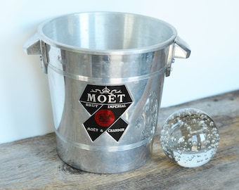 Vintage Moët & Chandon Ice Bucket made in France, Silver metal with handles Imperial Brut, with large logo decal circa 1970s