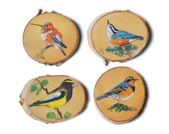 Vintage Hand-Painted Birds on Wood Slice Wall Hangings, Set of 4, Canadian hand-crafts painted by Godin, Canadian bird wildlife, Birder Gift