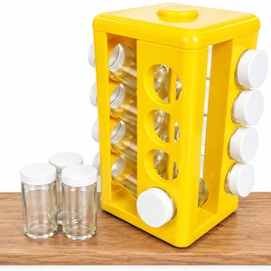 Carrousel à épices jaune vintage, années 1980, Copco Japan, présentoir à épices rotatif Lazy Susan, 16 pots en verre transparent