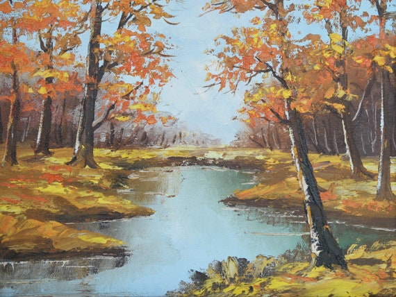 ヴィンテージ油絵 秋の風景、オリジナルアートワーク、自然の風景額