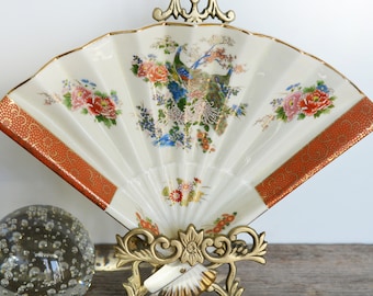 Vintage Satsuma Peacock Fan, Fine Bone China, 24K Gold Trim