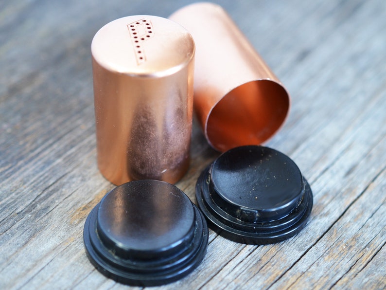 made in USA circa 1950s Vintage Copper Kitchen salt and pepper shakers stamped holes for S /& P