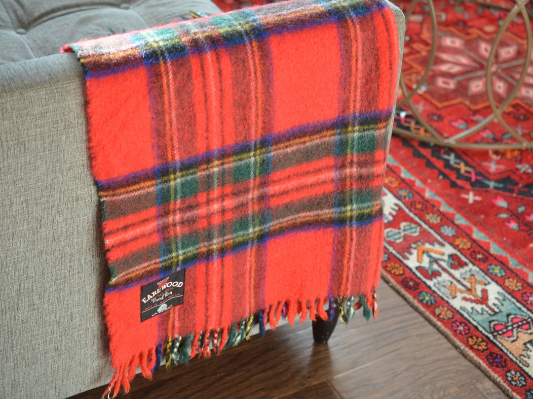 Vintage Earl-wood Scottish Wool Blanket, Red Stewart Clan Plaid