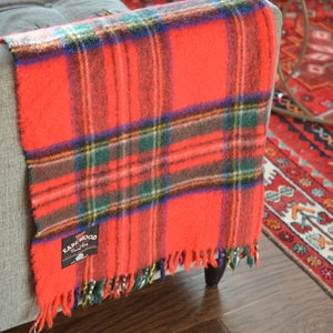Vintage Earl-Wood Scottish Wool Blanket, Red Stewart Clan Plaid Travel Rug