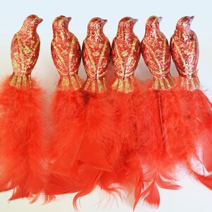 Può includere: Sei ornamenti decorativi a forma di uccello con corpi rossi e dorati glitterati e lunghe code di piume arancioni vibranti. Questi ornamenti sono probabilmente per decorazioni natalizie o stagionali.