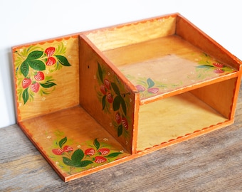 Vintage Ukrainian Desk Organizer with hand-painted strawberries, 14.5" across, made in USSR circa 1970s, Rustic European Farmhouse decor