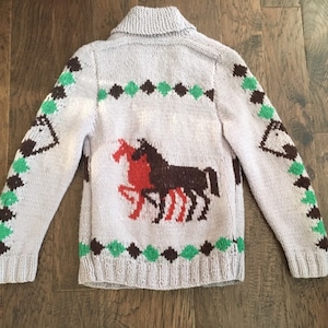 May include: A light purple knitted cardigan with a brown and green geometric pattern and two red and brown horses on the back.