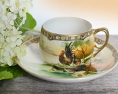 Vintage Nippon Moriage hand-painted teacup, farmhouse chicken and rooster, art nouveau trim with beaded gold