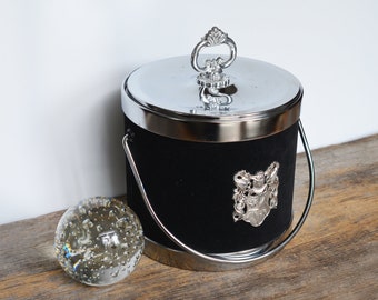 Vintage Ice Bucket wrapped in black velvet and silver plastic heraldic shield, made in Hong Kong circa 1960s, Mid Century barware
