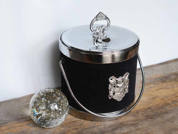 Vintage Ice Bucket Wrapped in Black Velvet and Silver Plastic
