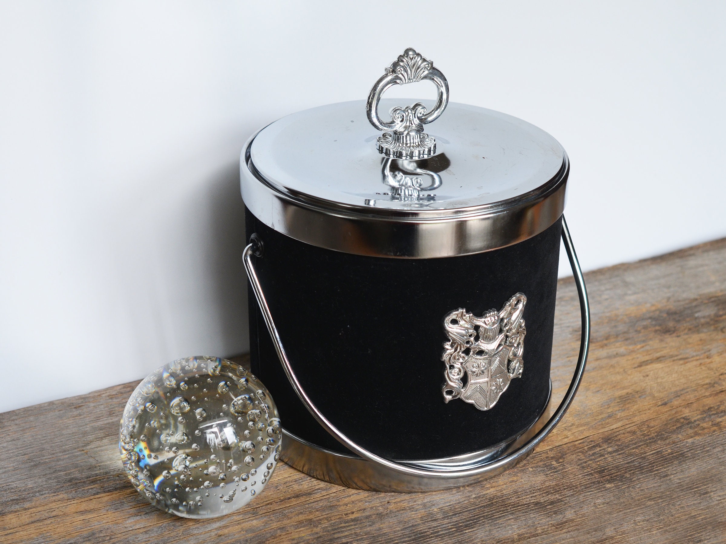Vintage Ice Bucket Wrapped in Black Velvet and Silver